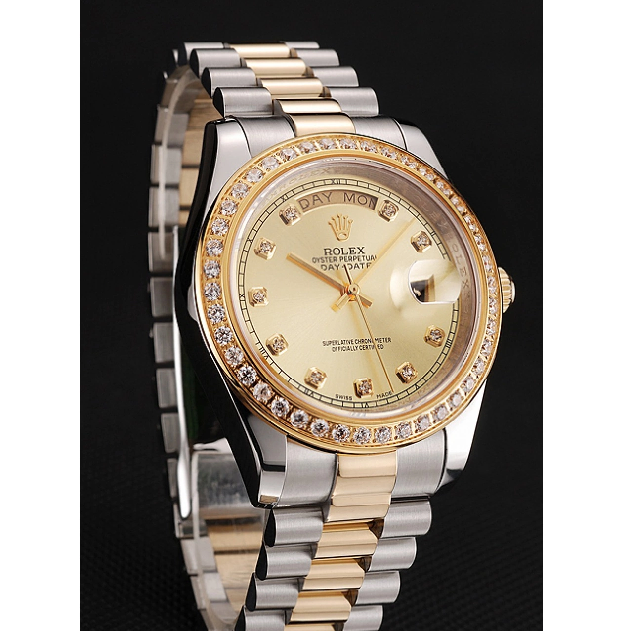 Aaa fake watches Rolex Champagne Case Day-Date Diamond Bracelet Tone Dial 1453974 Stainless Two Gold Swiss Steel 0818